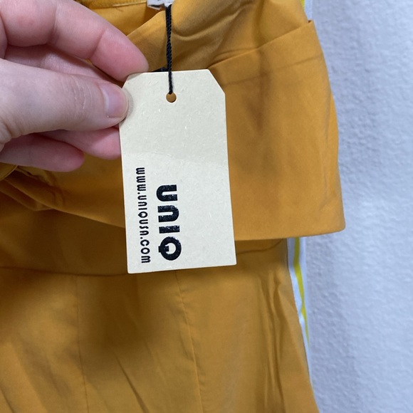 NWT UNIQ Mustard Yellow Strapless Ankle Lenght Jumpsuit Romper w/Side Stripes - Picture 7 of 10